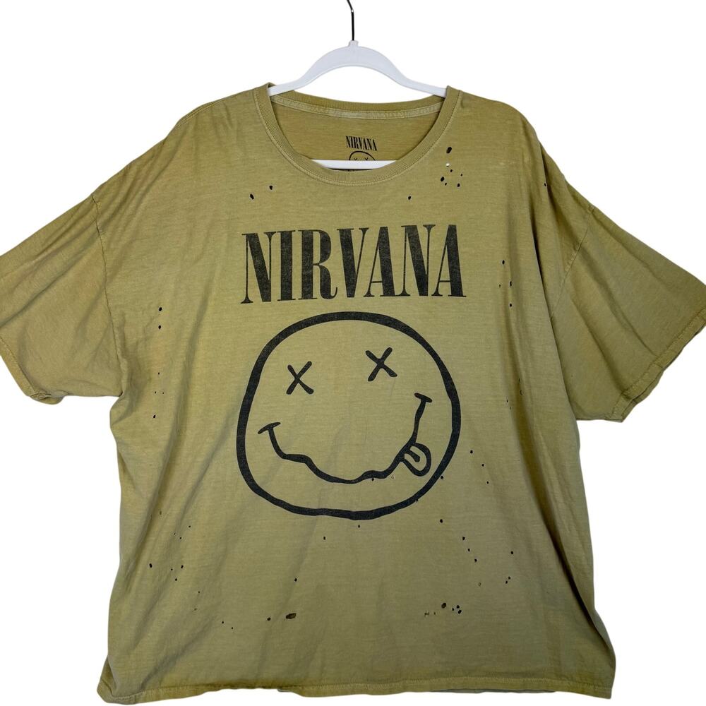Nirvana Destroyed Graphic T-Shirt Womens Size O/S Green Olive Urban Outfitters
